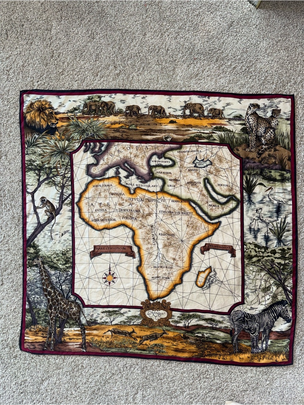 Wathne Africa Compass Print Silk Scarf with Yellow and Burgundy Accents